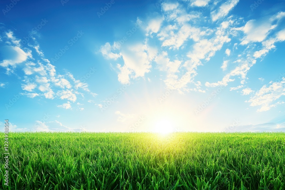 Tranquil Sunrise Over Lush Green Grass Field Under Clear Blue Sky with Fluffy Clouds Tranquil Sunrise Over Lush Green Grass Field Under Clear Blue Sky with Fluffy Clouds
