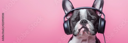 Dog in headphones listening to music. Happy pet. Dog wearing headphones listening to music. dog listening music, while relaxing