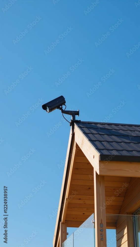 Modern security camera atop wood-clad building beneath clear blue sky signifies protection and cutting-edge tech Modern security camera atop wood-clad building beneath clear blue sky signifies protection and cutting-edge tech