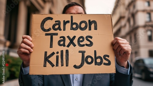 Protest Against Carbon Taxes: Demonstrators Voice Concerns Over Job Losses in Urban Environment with Handwritten Sign Highlighting Economic Impact photo