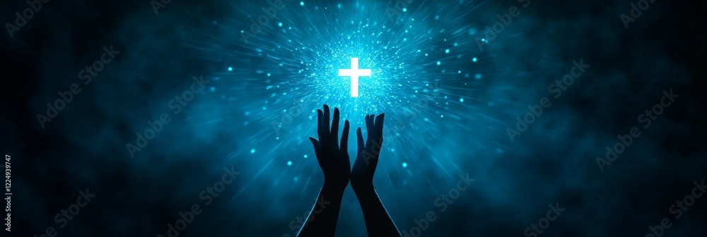 Naklejka premium A Silhouette of Hands Reaching Toward a Glowing Cross - Hope, faith, prayer, spirituality, and divine connection are symbolized in this image of hands reaching towards a glowing cross.