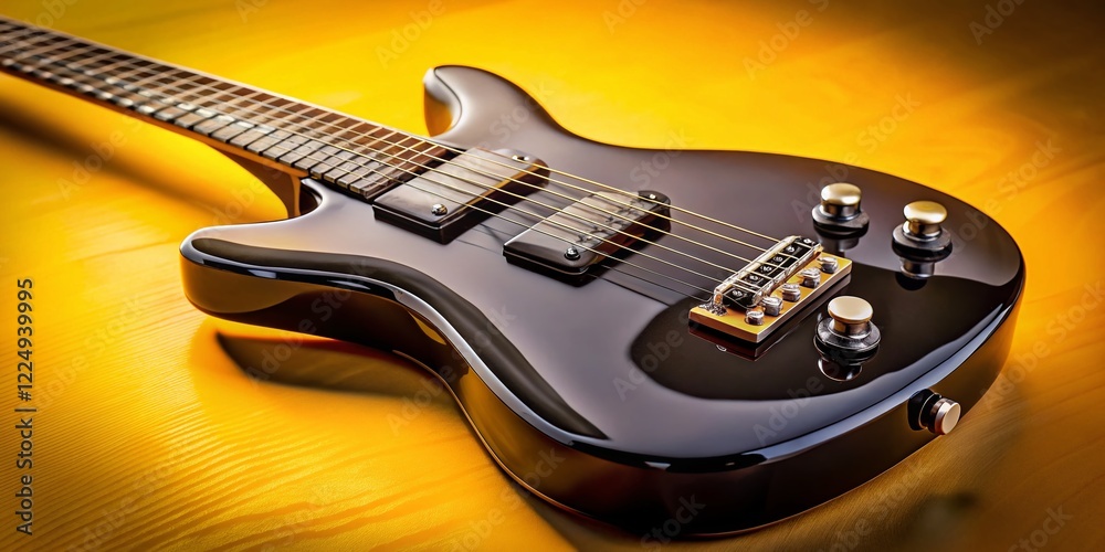 Obraz premium Sleek Black Electric Guitar Macro Photography on Yellow Background - Stock Photo