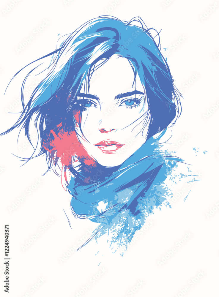 Fototapeta premium Simple Sketch of an Edgy Woman with Blue Hair and Her Face