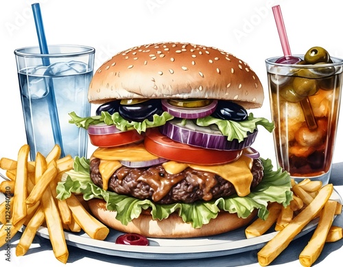 Hand drawn extra large double patty burger with melted cheese dripping from sides, fries and cola: drawing illustration, for restaurants, social media