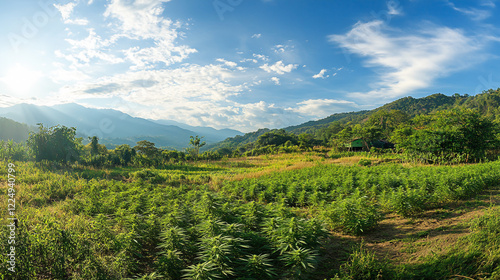 Outdoor cannabis or marijuana field in nature, with medical weed plants growing on a mountain farm. Wide-angle view of a thriving marijuana plantation in a natural wild setting.