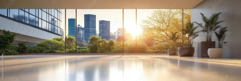 Fototapeta premium Spacious Empty Office Interior With Large Windows, Stunning City View, And Lush Greenery In Sunlight