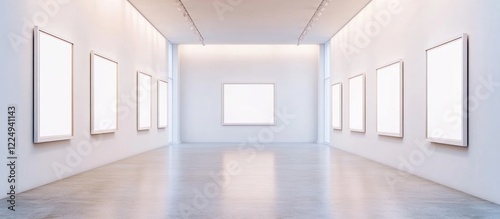 Bright and airy art gallery mockup featuring clean white walls and multiple frames for artwork display