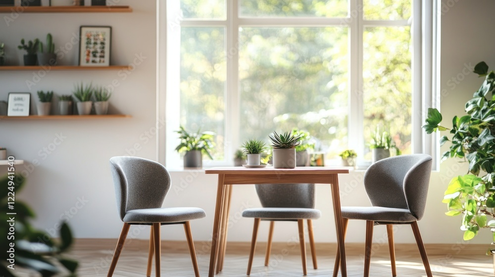 Bright and airy co-working space with Scandinavian style furniture and plants near a large window Bright and airy co-working space with Scandinavian style furniture and plants near a large window