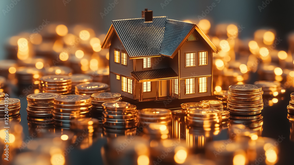 A miniature 3D house figurine surrounded by columns of golden coins, symbolizing real estate and financial investment A miniature 3D house figurine surrounded by columns of golden coins, symbolizing real estate and financial investment