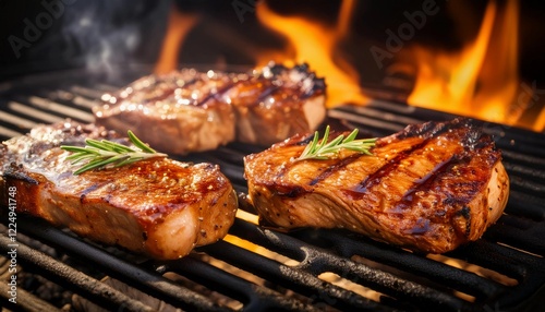 Pork chops coated in BBQ sauce on the grill, professional food photography from an angle view, showcasing rich colors and textures. photo