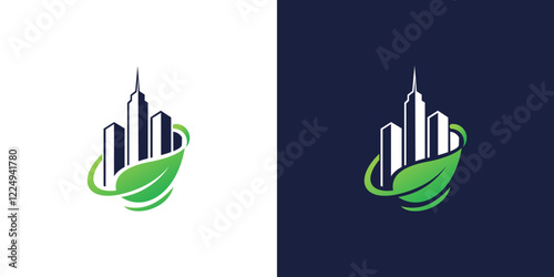 Green Building logo design vector, combination of Leaf with City Town Architecture icon logo
