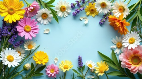 A vibrant arrangement of various colorful flowers forming a delightful frame on a light blue background