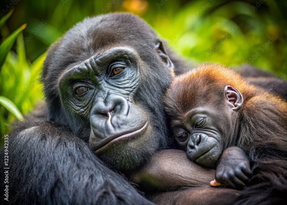 Fototapeta premium Sleeping Gorilla Baby Clinging to Mother - Authentic Wildlife Documentary Photo