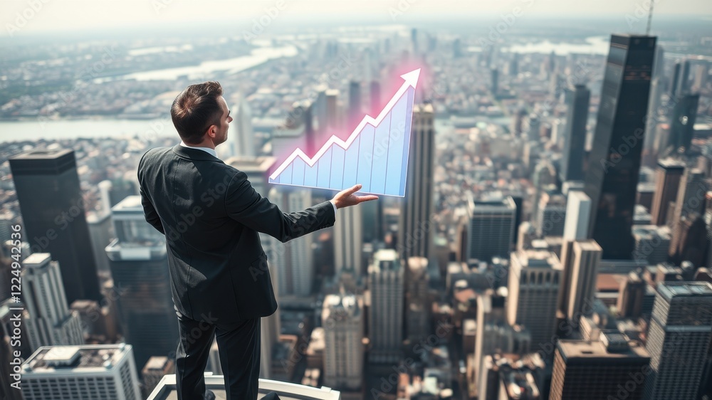 A businessman stands on a rooftop overlooking a city, gesturing towards a rising graph, symbolizing growth and success in a corporate environment. A businessman stands on a rooftop overlooking a city, gesturing towards a rising graph, symbolizing growth and success in a corporate environment.
