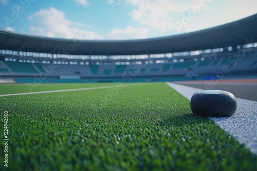 Close-Up View of a Hockey Puck on a Green Artificial Turf Inside a Large Sports Stadium photo