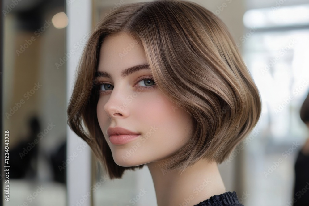 Young woman with stylish bob haircut poses confidently in a modern indoor space during daylight hours Young woman with stylish bob haircut poses confidently in a modern indoor space during daylight hours