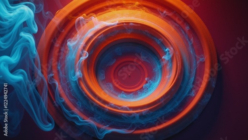 A circular design combines red blue and orangeblue smoky rings at its center photo