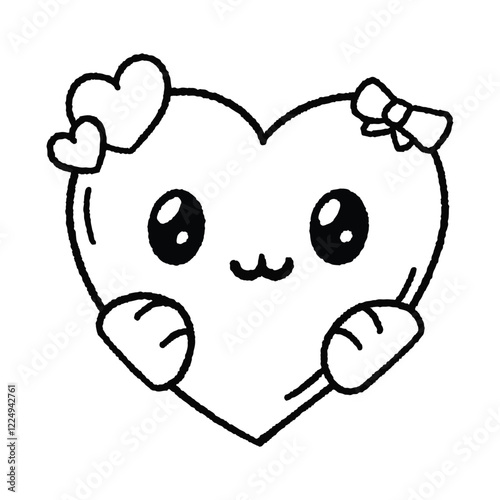 Love Valentine Days Heart Kawaii, Art Vector, hand drawn, hand drawing, vector, emoticon, icon, coloring, illustration