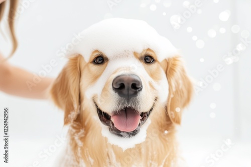 Happy golden retriever enjoying a playful bath with lots of bubbles and joy indoors photo