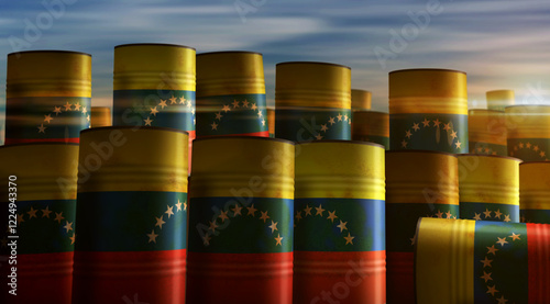 Obraz na płótnie Venezuela oil crude petroleum fuel barrels in row w salonie