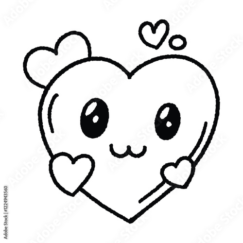 Love Valentine Days Heart Kawaii, Art Vector, hand drawn, hand drawing, vector, emoticon, icon, coloring, illustration