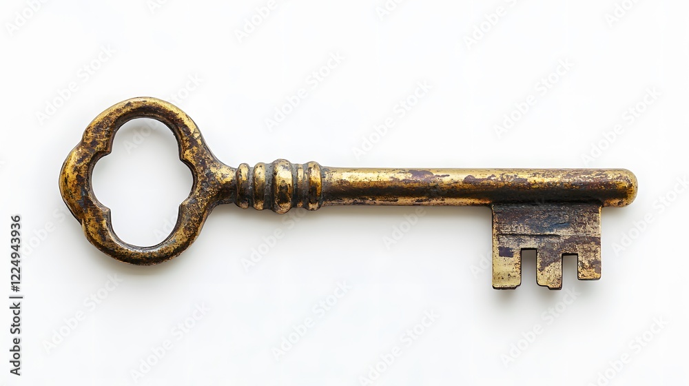 Antique skeleton key on white background. A symbol of access and mystery. Antique skeleton key on white background. A symbol of access and mystery.