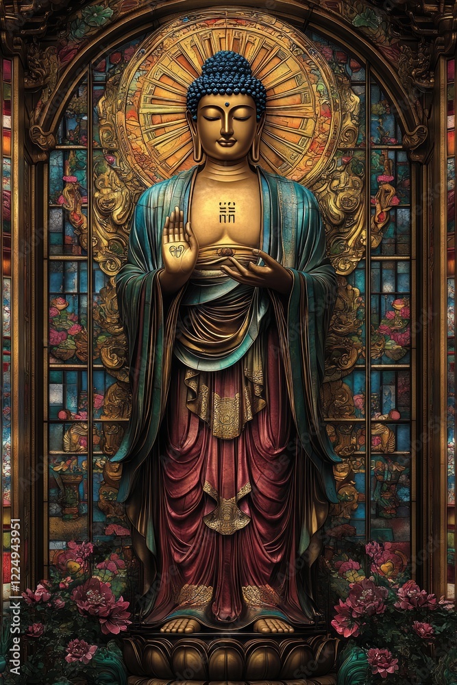 Serene Buddha statue in ornate, stained-glass setting. Serene Buddha statue in ornate, stained-glass setting.