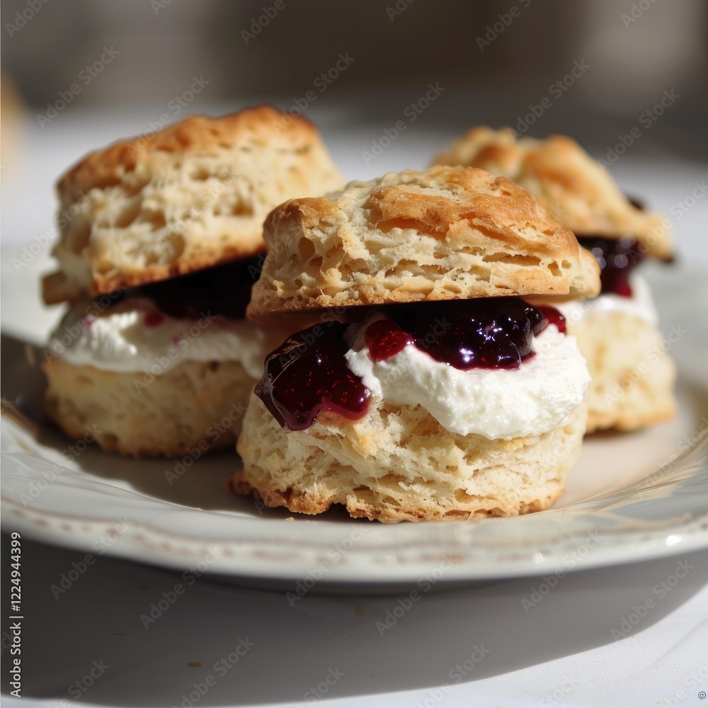Close up of English scones served with clotted cream and berry jam, blurred background Close up of English scones served with clotted cream and berry jam, blurred background