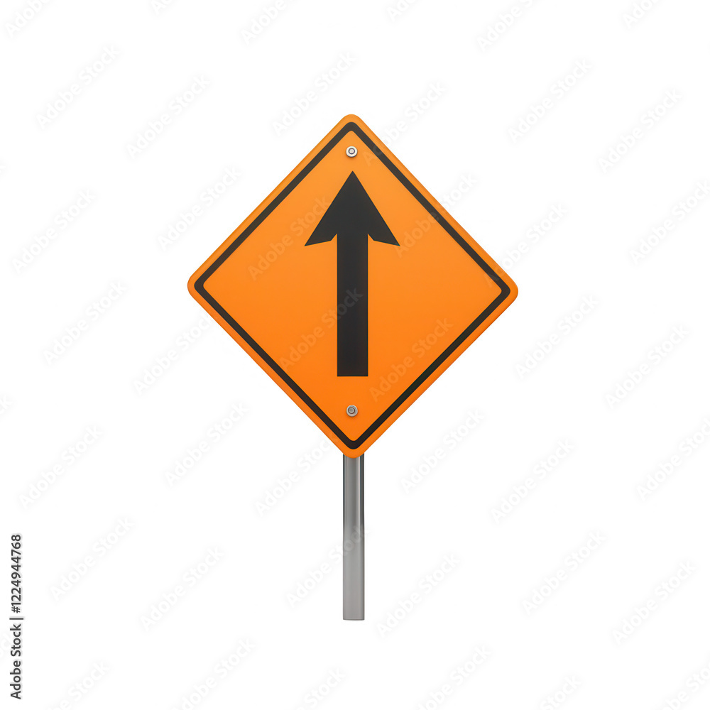 Bright orange road sign indicating straight direction for vehicles to follow. Bright orange road sign indicating straight direction for vehicles to follow.