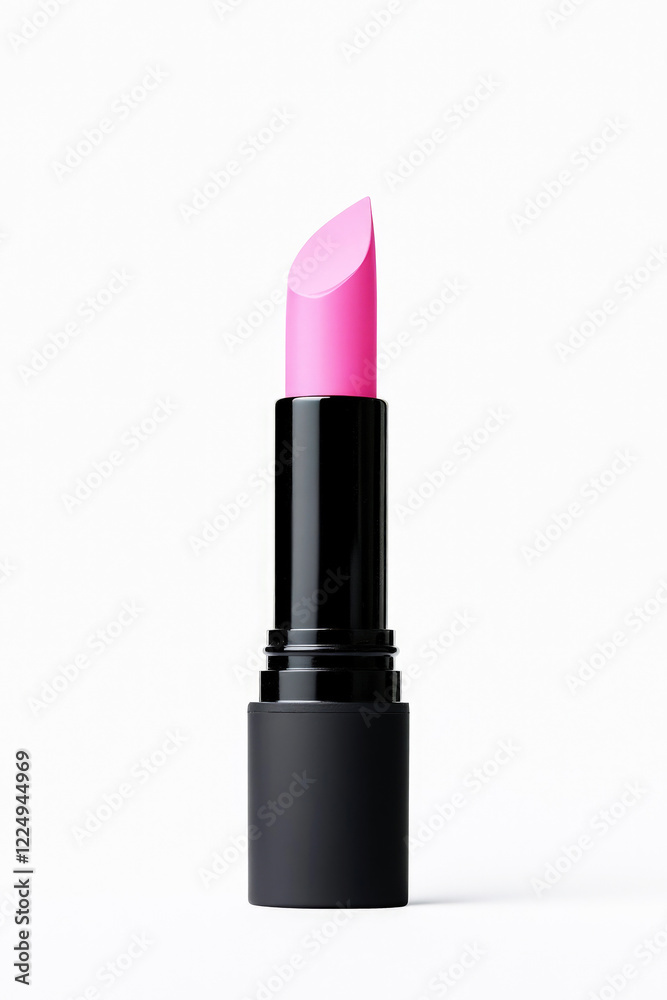A vibrant pink lipstick with a black tube, set against a white background. A vibrant pink lipstick with a black tube, set against a white background.