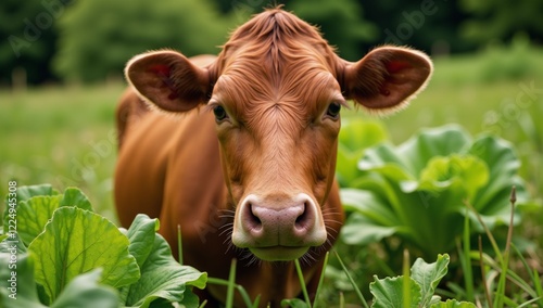 Vegetarian cow grazes peacefully on green leafy plants lettuce and grass photo