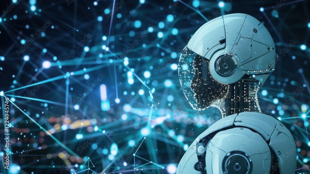 Fototapeta premium Futuristic AI Robot with Glowing Network and Technology Background