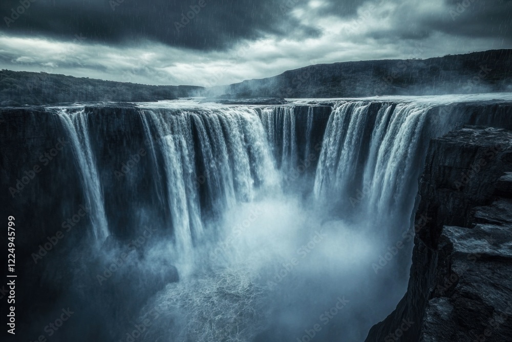Fototapeta premium Majestic waterfall cascading over rocky cliffs in dramatic weather at dawn