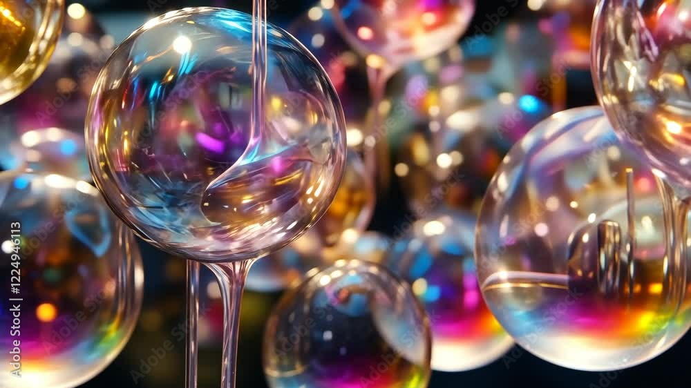 Colorful glass bubbles floating in the air create a vibrant display of light and reflection indoors Colorful glass bubbles floating in the air create a vibrant display of light and reflection indoors