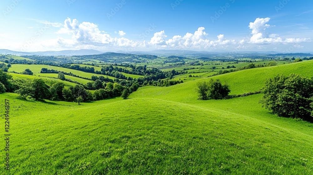 Obraz premium Rolling green hills and lush meadows stretch across a scenic rural valley under a bright blue sky.