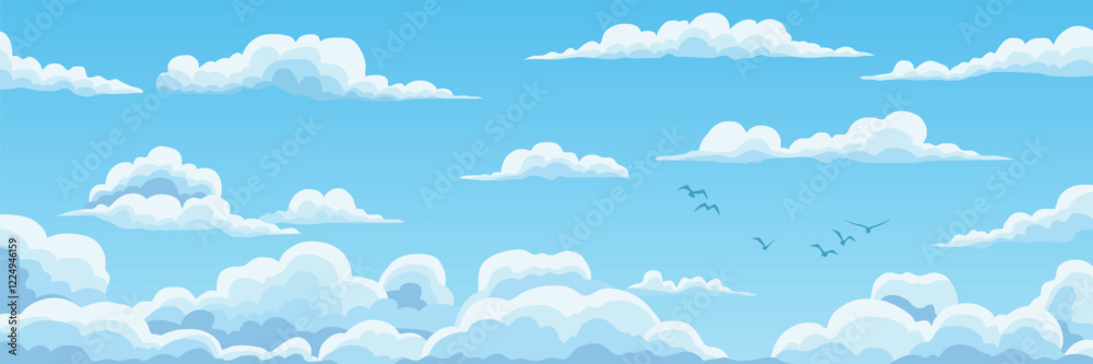 Vector drawing of sky with white clouds, bird flock, cartoon illustration, natural background Vector drawing of sky with white clouds, bird flock, cartoon illustration, natural background