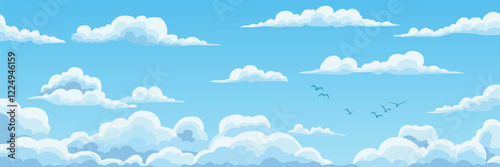 Vector drawing of sky with white clouds, bird flock, cartoon illustration, natural background