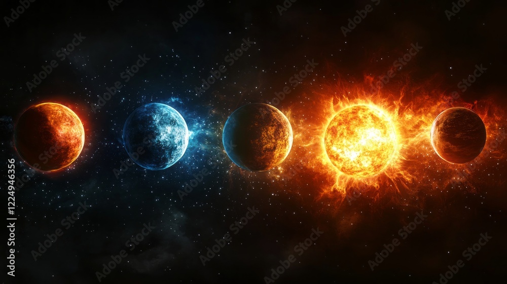 Captivating visual of a solar system with planets in a linear formation, illuminated by the radiant sun at the center, surrounded by a vast cosmic backdrop Captivating visual of a solar system with planets in a linear formation, illuminated by the radiant sun at the center, surrounded by a vast cosmic backdrop