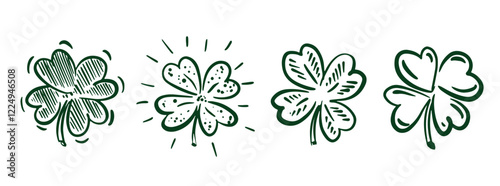 Green Clover set on white, Saint Patricks Day, hand drawn illustrations.	
