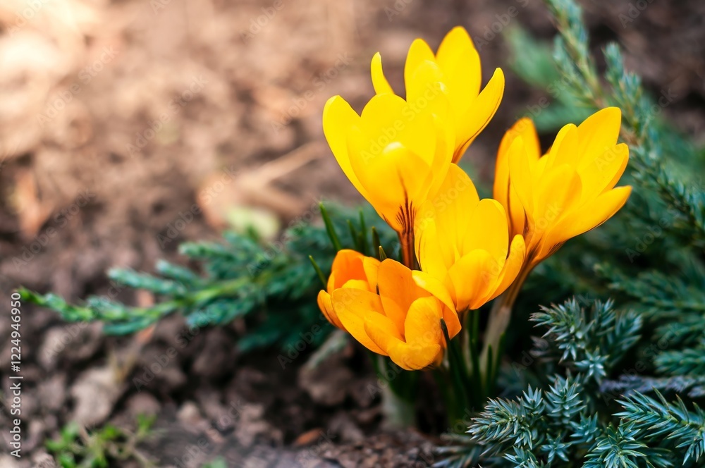 Vibrant yellow crocuses blooming in spring, surrounded by green foliage and soil in sunlight Vibrant yellow crocuses blooming in spring, surrounded by green foliage and soil in sunlight