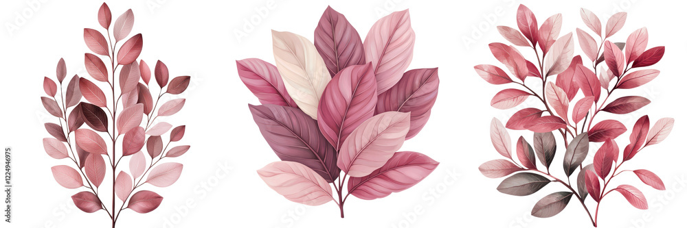 Obraz premium Elegant and Minimalist Arrangement of Autumn Botanical Foliage in Shades of Pink and Purple Natural Background with Delicate Leaves and Branches