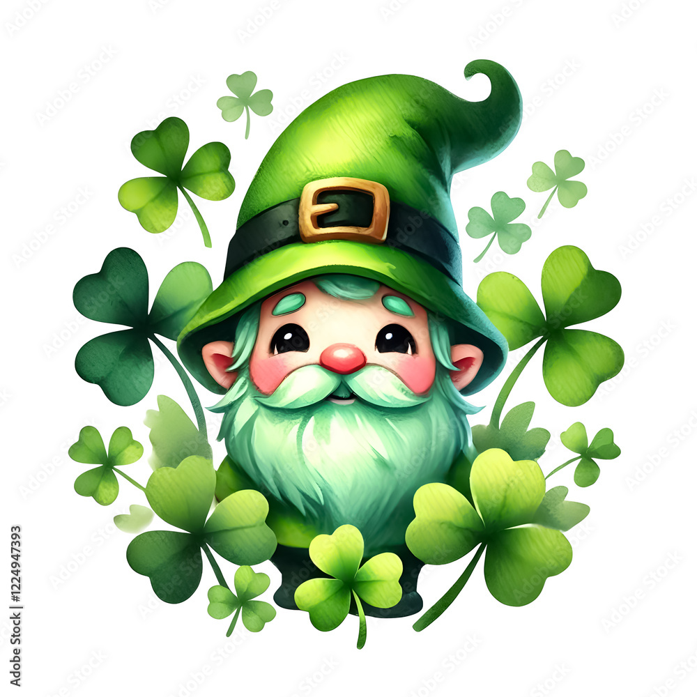 Naklejka premium Cute Gnome with a green hat and beard in a clover field.