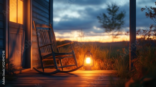 Relaxing evening on a porch with rocking chair and lantern countryside photography tranquil setting warm ambiance