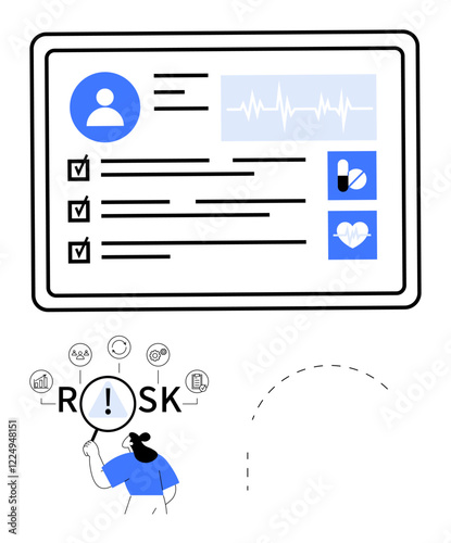 Medical dashboard with checklist, vitals, pill and heart icons. Person analyzing RISK with a magnifying glass. Ideal for healthcare, diagnostics, risk management, data analysis, patient records
