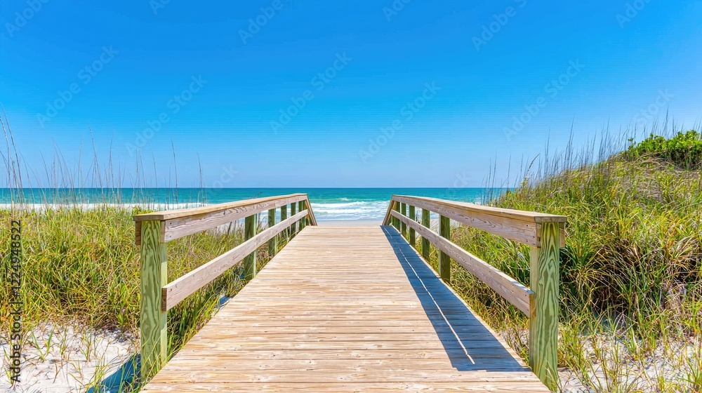 Beach boardwalk leading to ocean under sunny sky Beach boardwalk leading to ocean under sunny sky