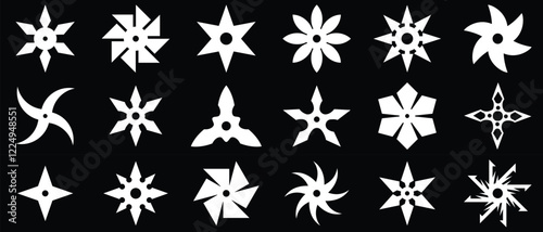 Set of ninja shuriken stars icons, Ninja Throwing Star Silhouettes. set of ninja weapon White vector silhouettes isolated on black background