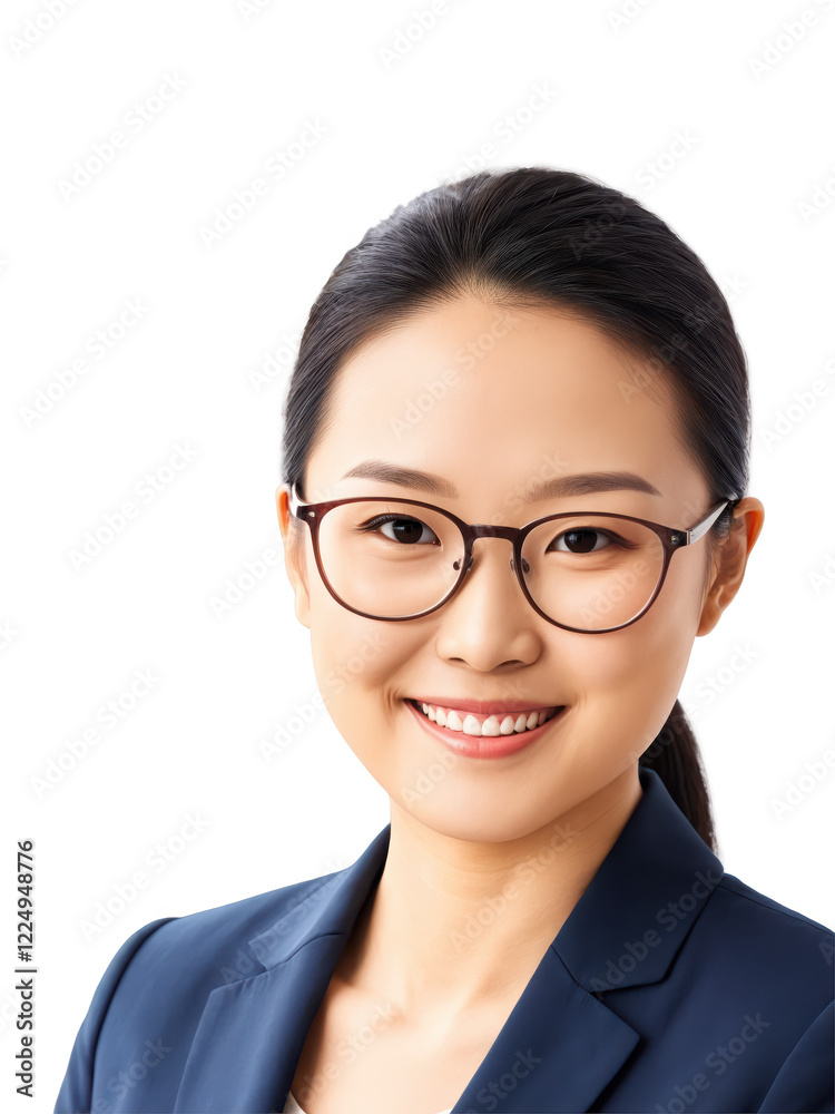Close-up of Asian woman with glasses, gentle smile, vibrant lighting, transparent background. Close-up of Asian woman with glasses, gentle smile, vibrant lighting, transparent background.