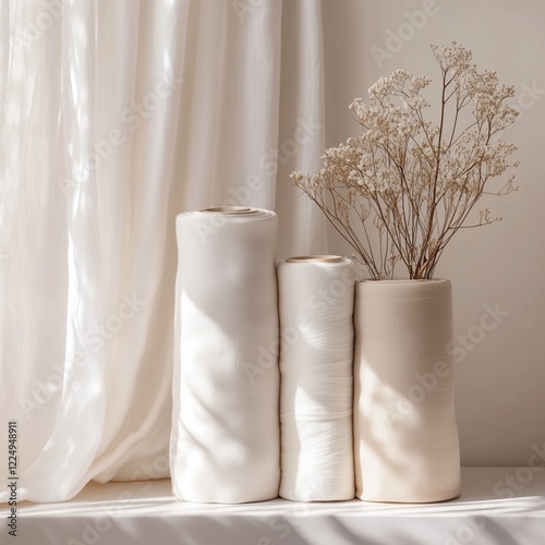 White cotton natural fabric rolls mockup. Three rolls of muslin on a light background with soft daylight and a sprig of gypsophila. Natural fabrics for patterns photo