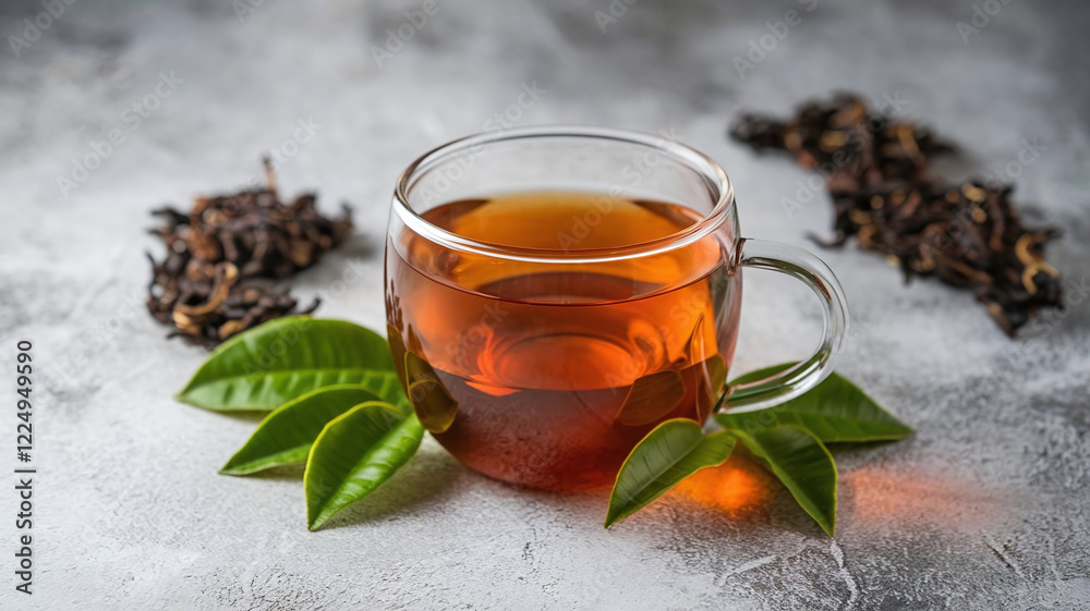 Freshly Brewed Black Tea in Glass Mug Cup with Tea Leaves Around Freshly Brewed Black Tea in Glass Mug Cup with Tea Leaves Around