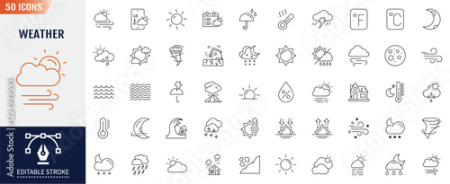 Weather line icon set. Editable stroke. Containing temperature, sun, rain, snow, cloud, humidity, cloudy, rainy season icons. Vector illustration